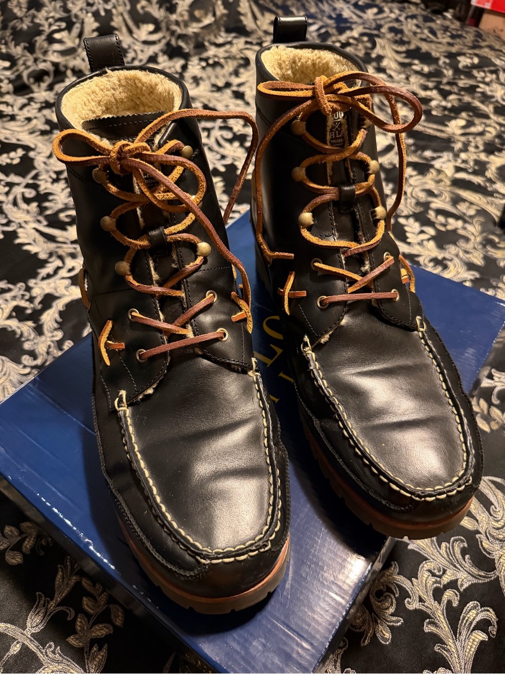 Ralph Lauren Black Leather Moc-Toe Lace-Up Boots with Tan Accents